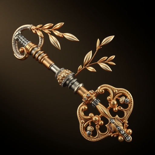 Old skeleton key shape gold and silver tones with olive branch turning on leg and keffieh print on the tip