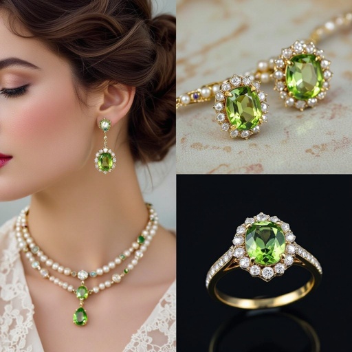 Modern peridot earring and necklace and ring  jewelry design with gold