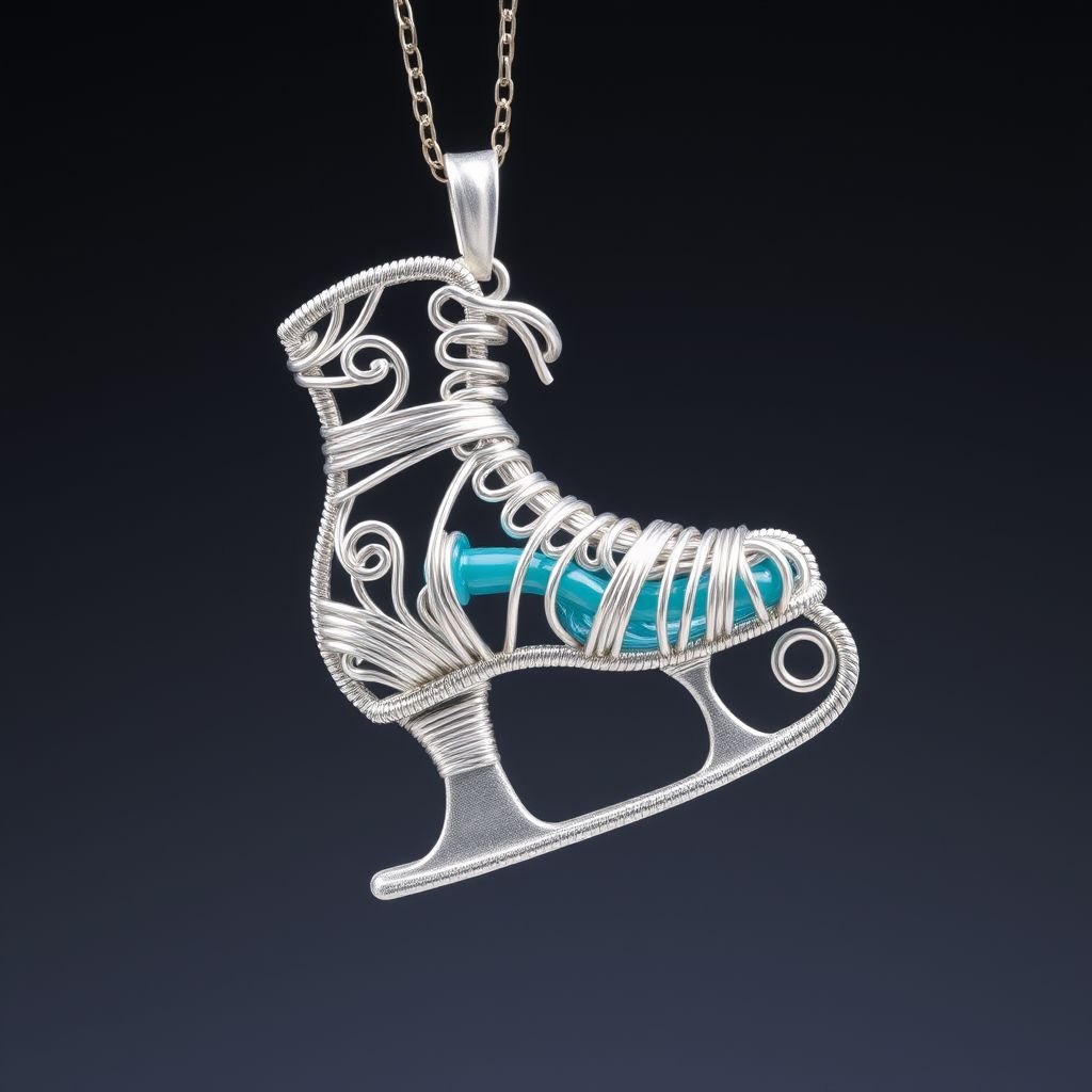 Silver Pendant shape one ice skate with turquoise stripe inside the low thin part blade 