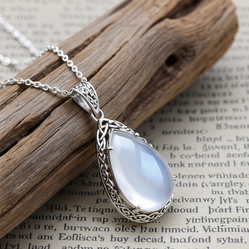 A  50 carat drop-cut IF smooth moonstone gemstone necklace with silver lining around it 