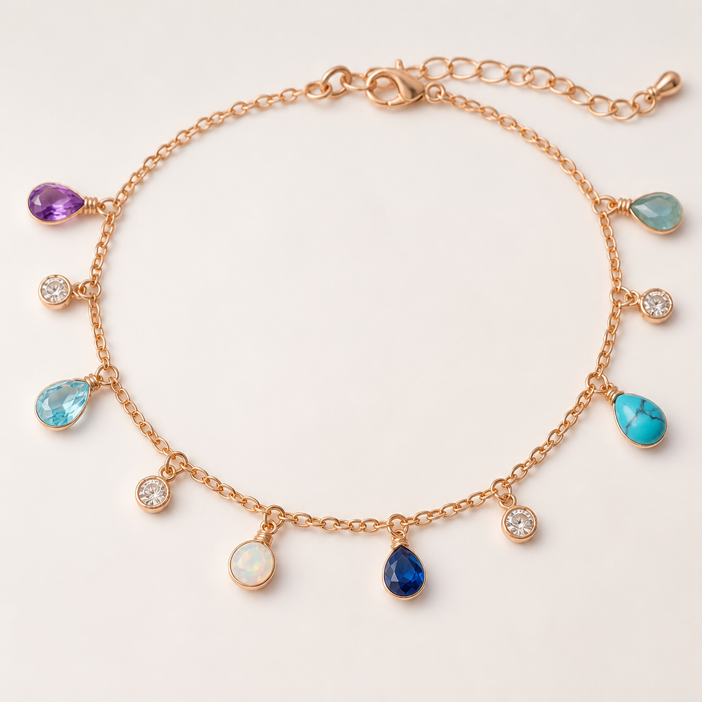 A charm women's anklet made of copper with diamond and amethyst and sapphire and aquamarine and opal and turquoise stones suitable for daily wear
photorealistic jewelry design, A charm women's anklet made of copper with diamond and amethyst and sapphire and aquamarine and opal and turquoise stones suitable for daily wear, charm style, just the design no text