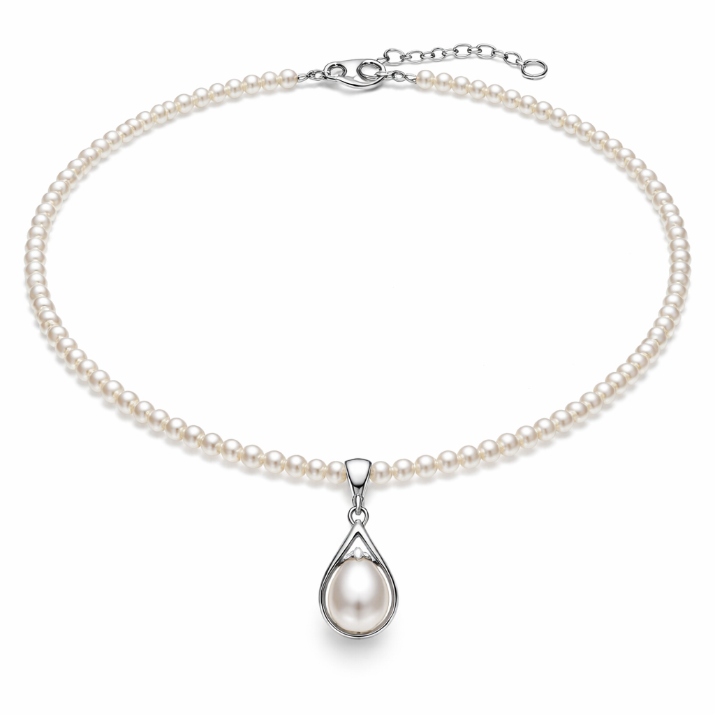 2-3mm 淡水珠頸鏈40cm長 配6mm 龍蝦扣 頸錬中間配1粒7mm淡水珠水滴形吊咀,可以用銀配件