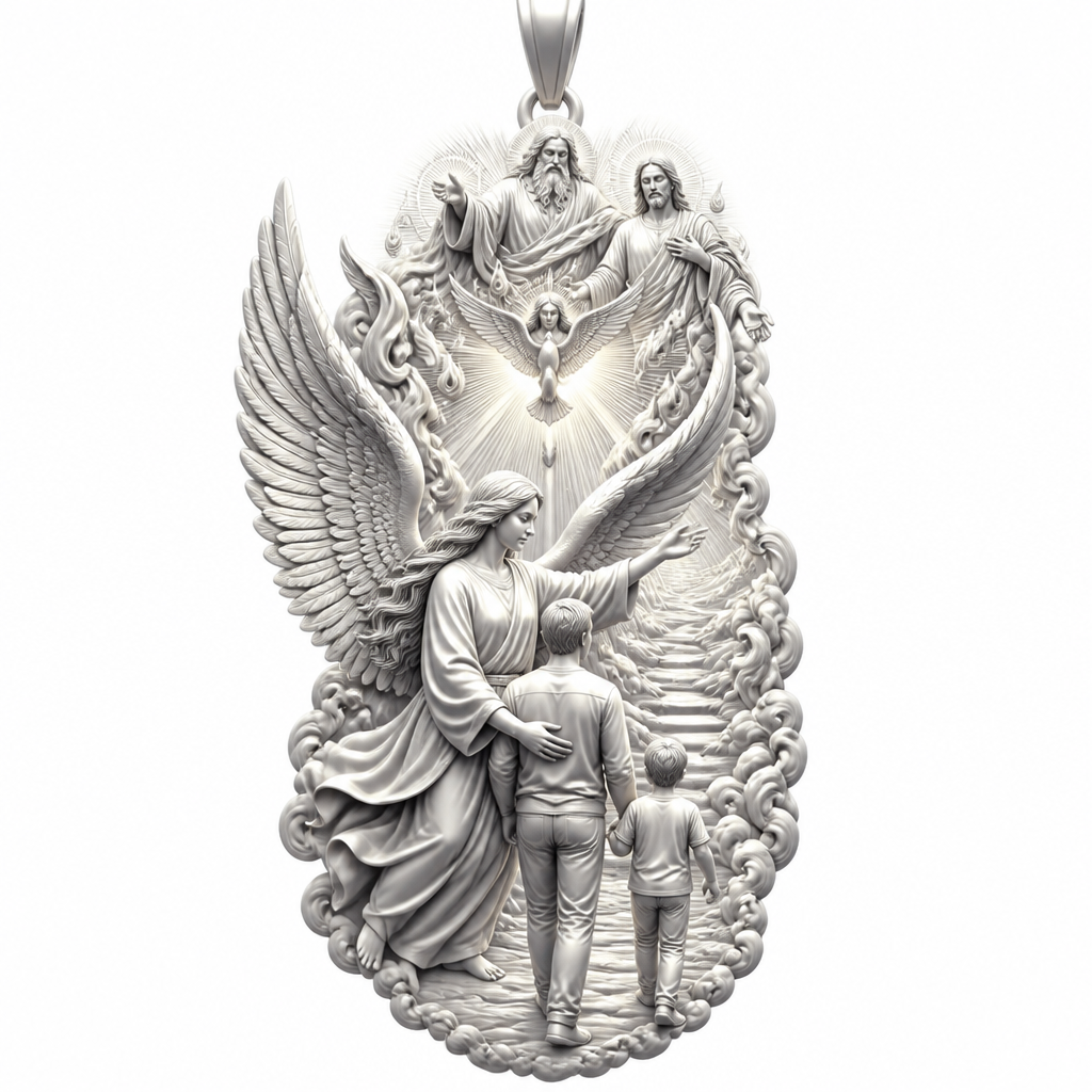 A modern women's pendant made of silver suitable for festival. An extraordinary excellent beautiful delicate and elegant pendant with the Guardian Angel with a beautiful delicate and elegant face, with long hair, with big wings flying, with a beautiful delicate elegant and with beautiful curves at her body, with a beautiful delicate and elegant tunic holding a child and an adult with its hands protecting them and guiding them on the way of the Holy Trinity. Sawing the way of the Holy Trinity in front of them God the Father, God the Son and God the Holy Spirit, the Holy Spirit to be as an Angel with a dove under the Angel surrounded by tongues of fire radiating light to the persons and the Guardian Angel, without the surrounding metals of the pendant. All the persons and the surrounding area to be 3D like statues.