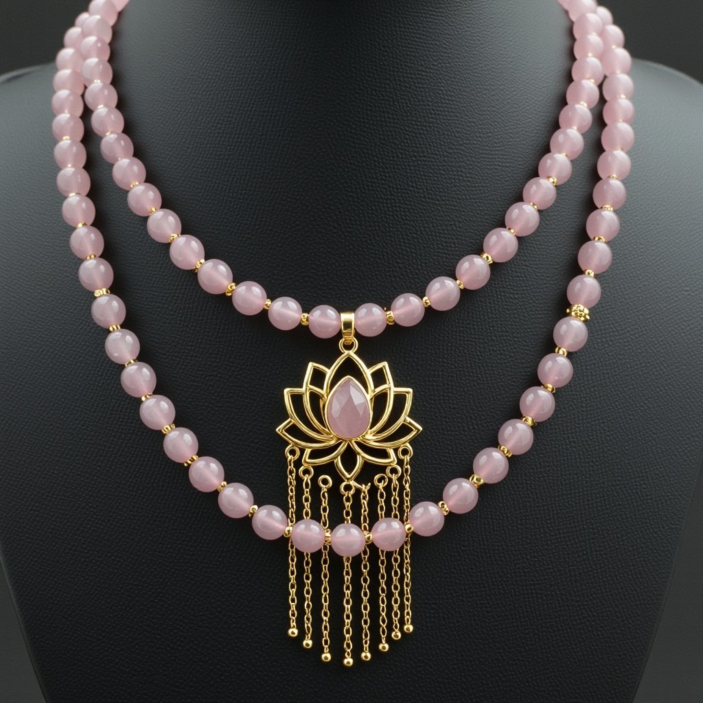 Длинное колье из мелкого розового кварца посредине лотос от лотоса идут цепочки золотые вниз