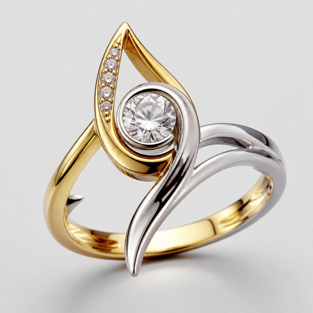 A abstract women's ring made of mixed metal with diamond stones suitable for festival. An extraordinary excellent beautiful delicate and elegant solitaire women ring. Face of the ring.
photorealistic jewelry design, A abstract women's ring made of mixed metal with diamond stones suitable for festival. An extraordinary excellent beautiful delicate and elegant solitaire women ring. Face of the ring., abstract style, just the design no text