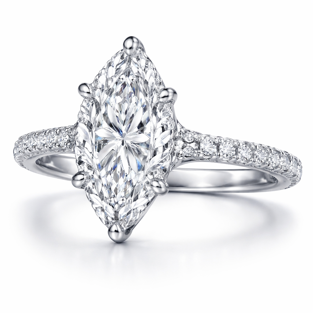 Engagement ring with a solitaire band but still have little diamonds on band , marquise cute 3.5 ct with claw style prongs and a floral jasmine basket setting