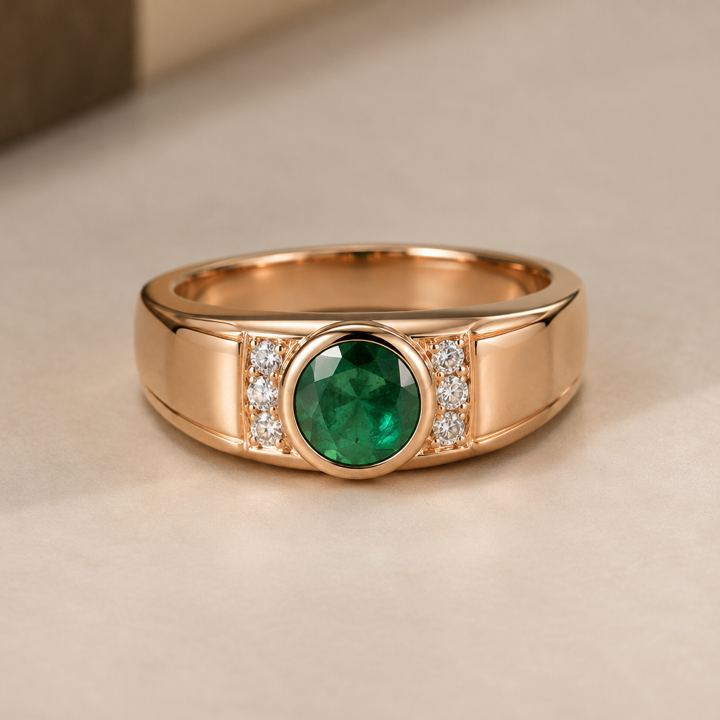 A modern men's ring made of rose gold with emerald stones suitable for festival, minimalist, simple and delicate, clean lines. मुझे एक ऐसी अंगुथी बना कर दो जिसमें पन्ना गोल हों और उसके बाजु में सफेद नंग लगे हों।
photorealistic jewelry design, A modern men's ring made of rose gold with emerald stones suitable for festival, minimalist, simple and delicate, clean lines. मुझे एक ऐसी अंगुथी बना कर दो जिसमें पन्ना गोल हों और उसके बाजु में सफेद नंग लगे हों।, modern style, just the design no text