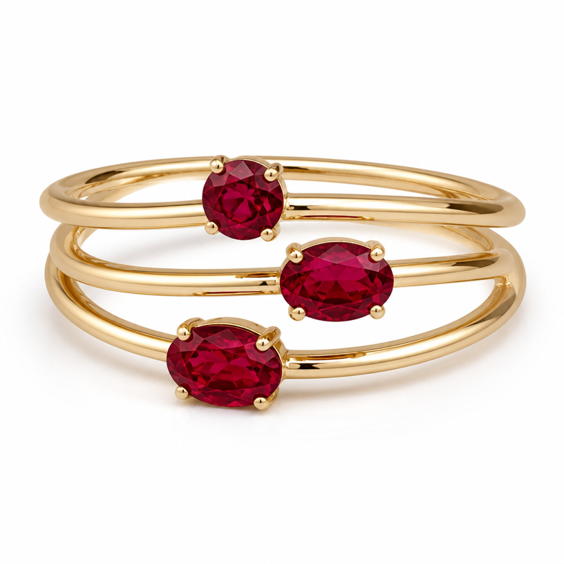 A classic women's ring made of gold with ruby stones suitable for birthday. 3 stones, same size, 1 round 2 oval,
3 stripes each stone on a different stripe, all 3 connected
using the attached image as a visual reference, create A classic women's ring made of gold with ruby stones suitable for birthday. 3 stones, same size, 1 round 2 oval,
3 stripes each stone on a different stripe, all 3 connected. photorealistic, just the design no text