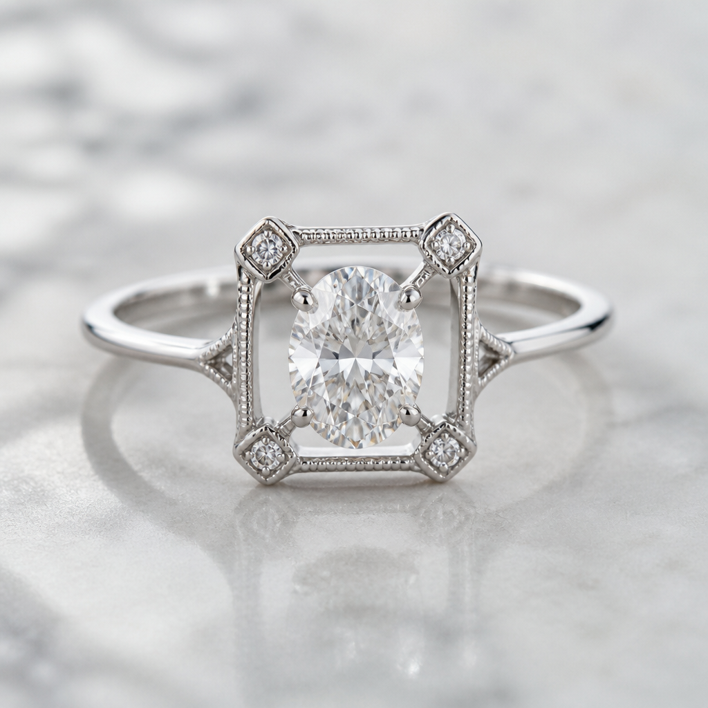 A women's ring made of silver with diamond stones. bague sertie d'un diamant oval, à l'intérieur du carré feminin travaillé et delicat, minimaliste metal tres fin, style vintage royal
photorealistic jewelry design, A women's ring made of silver with diamond stones. bague sertie d'un diamant oval, à l'intérieur du carré feminin travaillé et delicat, minimaliste metal tres fin, style vintage royal, modern style, just the design no text