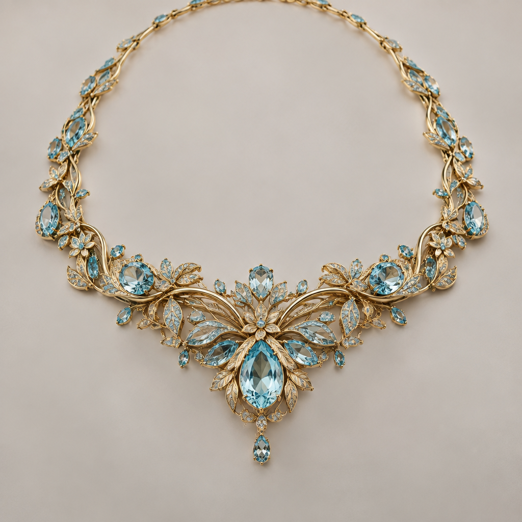 A nature-inspired women's necklace made of gold with aquamarine stones suitable for formal, highly ornate, intricate and elaborate, richly detailed
photorealistic jewelry design, A nature-inspired women's necklace made of gold with aquamarine stones suitable for formal, highly ornate, intricate and elaborate, richly detailed, nature_inspired style, just the design no text