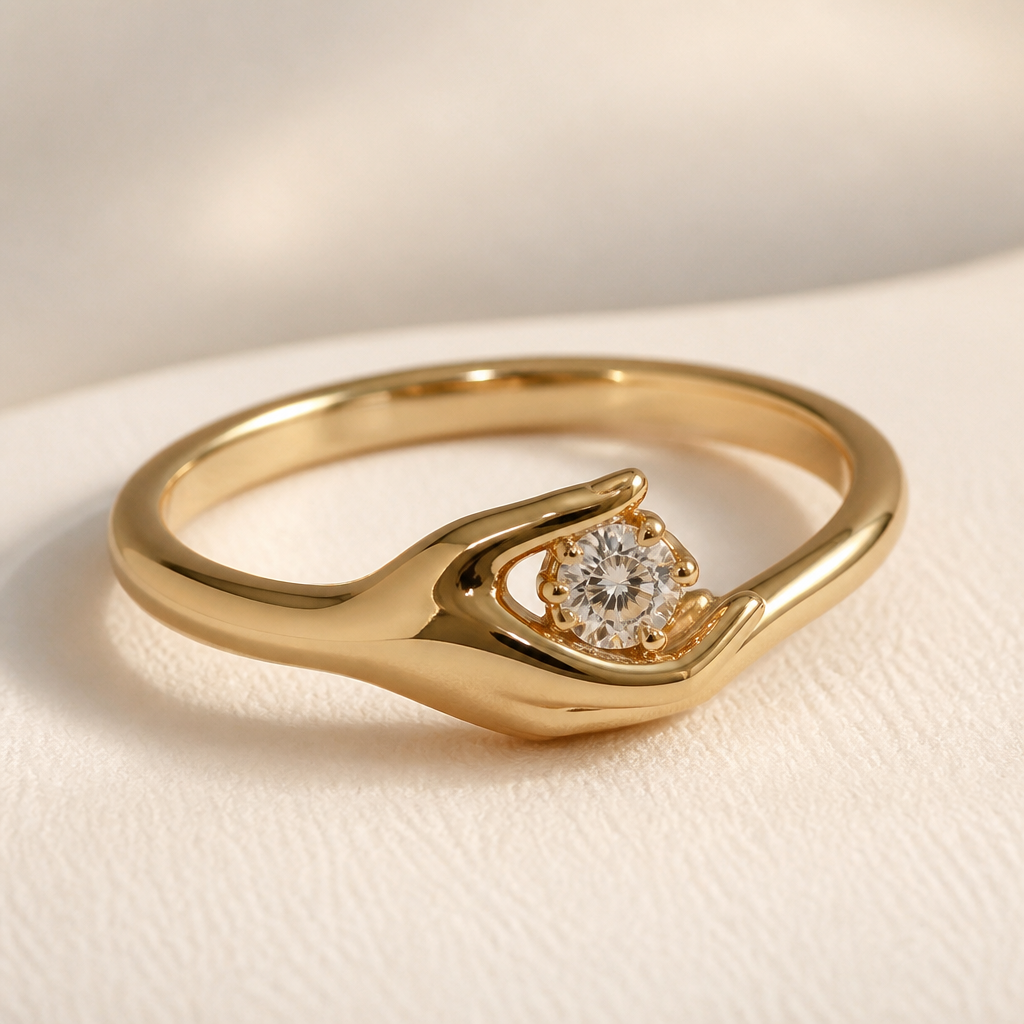 A minimalist women's ring made of gold with diamond stones suitable for gift. A hand-shaped design that gently wraps around the finger, holding a diamond.
photorealistic jewelry design, A minimalist women's ring made of gold with diamond stones suitable for gift. A hand-shaped design that gently wraps around the finger, holding a diamond., minimalist style, just the design no text