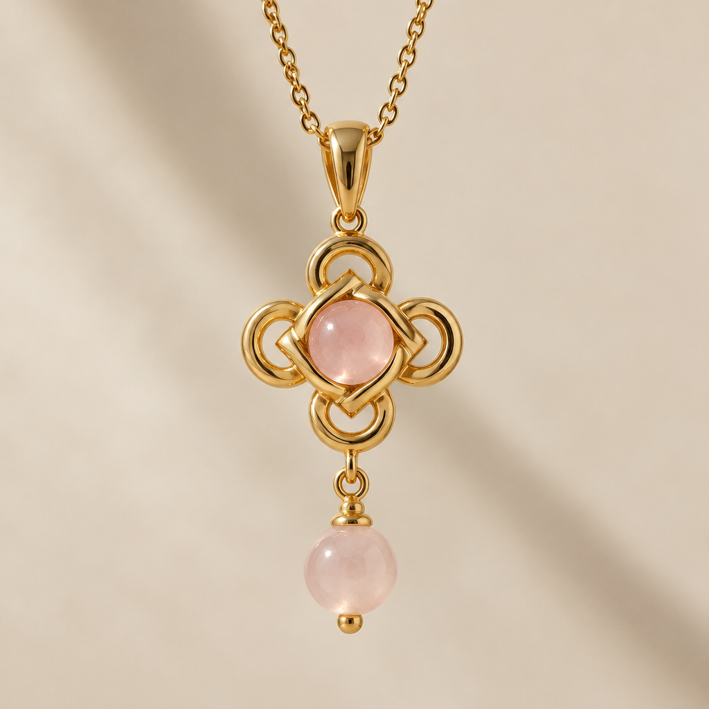 I want a simple Chinese knot design that is made out of gold plated stainless steel and rose quartz
photorealistic jewelry design, I want a simple Chinese knot design that is made out of gold plated stainless steel and rose quartz , asian_inspired style, just the design no text