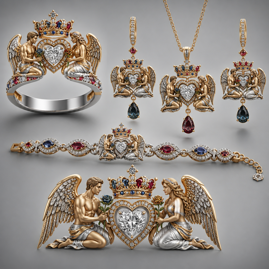 A luxury women's ring made of mixed metal with diamond and ruby and sapphire stones suitable for wedding. An extraordinary beautiful delicate elegant and excellent set of jewelry with a beautiful delicate and elegant ring, two ear rings, a pendant and a bracelet with a heart at the middle and a diamond in the middle of the heart over the heart to be placed a beautiful delicate and elegant queen crown with a diamond in the middle and rubies and sapphires all around the crown, with an extraordinary beautiful delicate and elegant female Angel with a beautiful delicate and elegant face with long hair holding a heart with Her right hand and a rose with Her left hand at the right side of the heart and an extraordinary beautiful delicate and elegant male Angel with an extraordinary beautiful delicate elegant and fit body with a beautiful delicate and elegant face with short hair holding a heart with His right hand and a rose with His left hand at the left side of the heat. Both Angels to be placed to all the items of the set. The Angels to be adult Angels at all the items of the set.