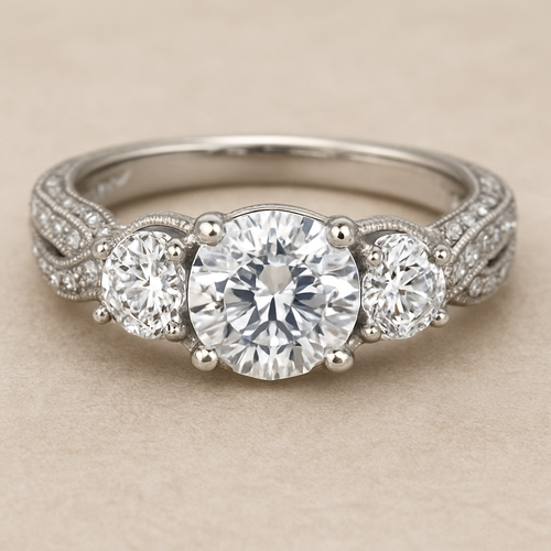 Elegant platinum 4 carat tw 3 stone ring pave twisted band