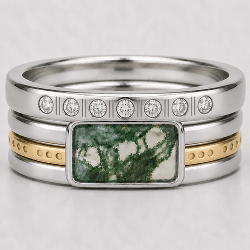 Now, on the gold band, add a design of round punches, 0.5mm depth, in sets of three all around it. And add 0.5mm double line etches between each of the diamonds on the top band.