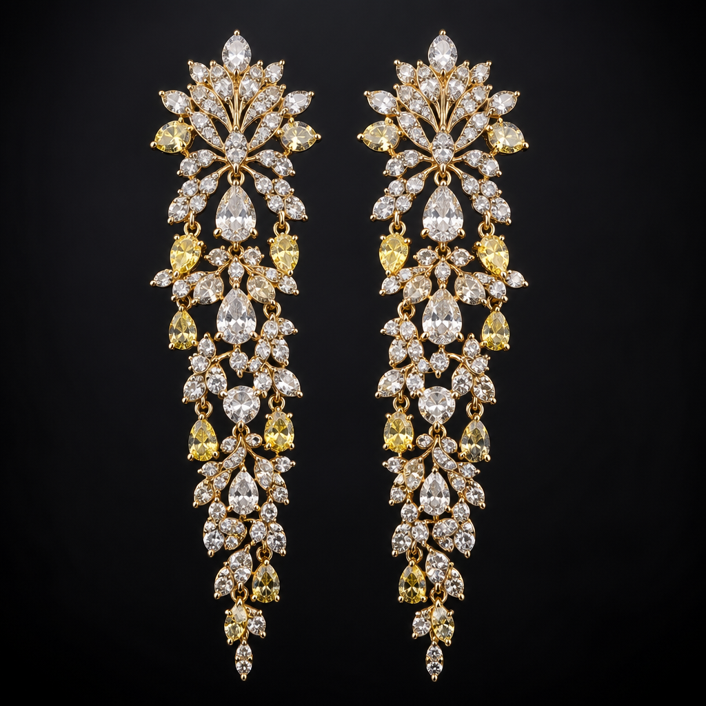 A luxury women's earrings made of gold with diamond stones suitable for wedding. create a matching long earrings for this Necklace , the earring should have Yellow Coloured stones placed at random . The top part should be Wide as it goes down give a tapering effect .
photorealistic jewelry design, A luxury women's earrings made of gold with diamond stones suitable for wedding. create a matching long earrings for this Necklace , the earring should have Yellow Coloured stones placed at random . The top part should be Wide as it goes down give a tapering effect ., luxury style, just the design no text