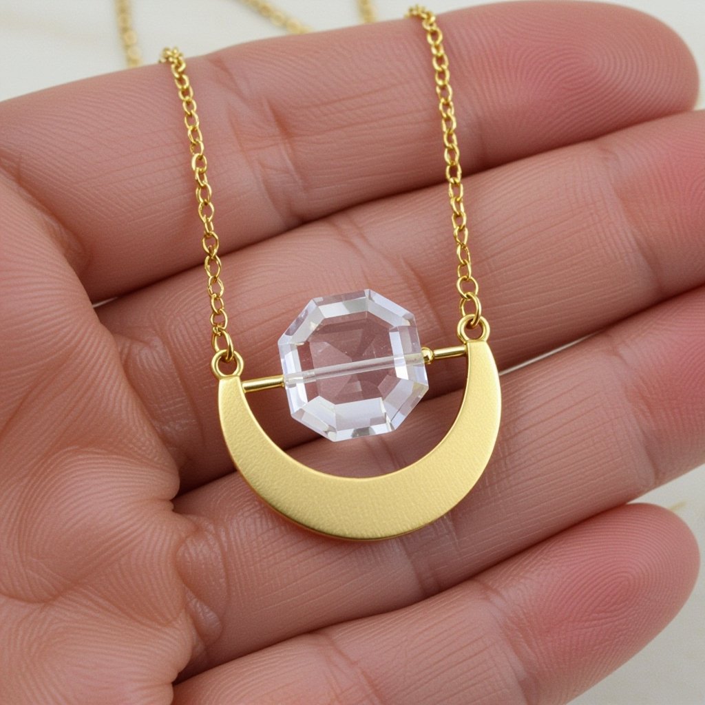 Прозрачный белый длинный кристалл горного хрусталя шестигранный золотой матовый тонкий полумесяц подвеска рядом все на одной цепочке