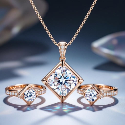 Creating a set of geometric modern necklace and ring and bracelets of complete set thats Design a contemporary pendant featuring a single, large diamond shapedsymbolizing freedom and elegance. The diamond is elegantly set in a sleek, minimalist rose gold frame that accentuates its brilliance. The modern aesthetic is enhanced with clean lines and asymmetry, making it a striking statement piece for the avant-garde wearer.