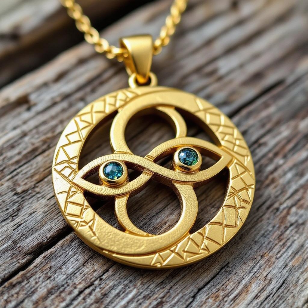 Подвеска из матового золота с узорами и мелкими необработанными матовыми камнями в форме двух пересекающихся окружностей и глаза между ними