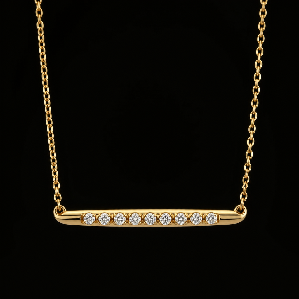 A luxury women's necklace made of gold with diamond stones suitable for formal. Collana stile fiammifero formato da 9 diamanti 0.04 CT g color e purezza if
photorealistic jewelry design, A luxury women's necklace made of gold with diamond stones suitable for formal. Collana stile fiammifero formato da 9 diamanti 0.04 CT g color e purezza if, luxury style, just the design no text