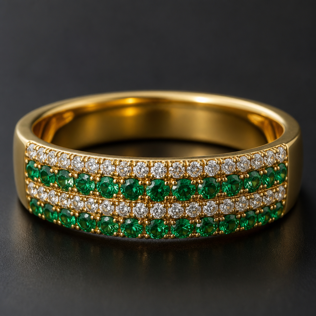 A classic women's ring made of gold with emerald stones. each row across the ring only at the front had 1 row small diamonds 2nd row green gems 3rd row diamond and 4th row green gems
photorealistic jewelry design, A classic women's ring made of gold with emerald stones. each row across the ring only at the front had 1 row small diamonds 2nd row green gems 3rd row diamond and 4th row green gems, classic style, just the design no text