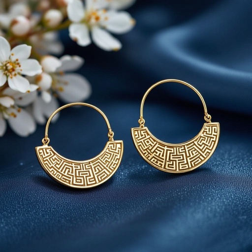 Серьги золотые в форме тонкого изящного полумесяца, полукруг как продолжение застежки, на полукруге надписи мантрами на санскрите