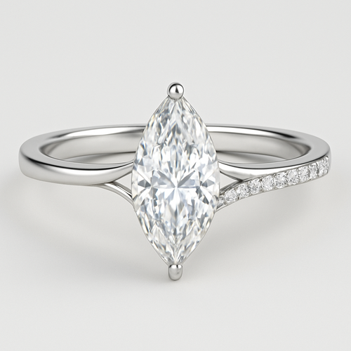 Create an engagement ring with a pave band but plain on the outsides. Let the outside plain parts of the band split off from the pave and connect to a floating marquise cut diamond with prongs only on the top and bottom edges.