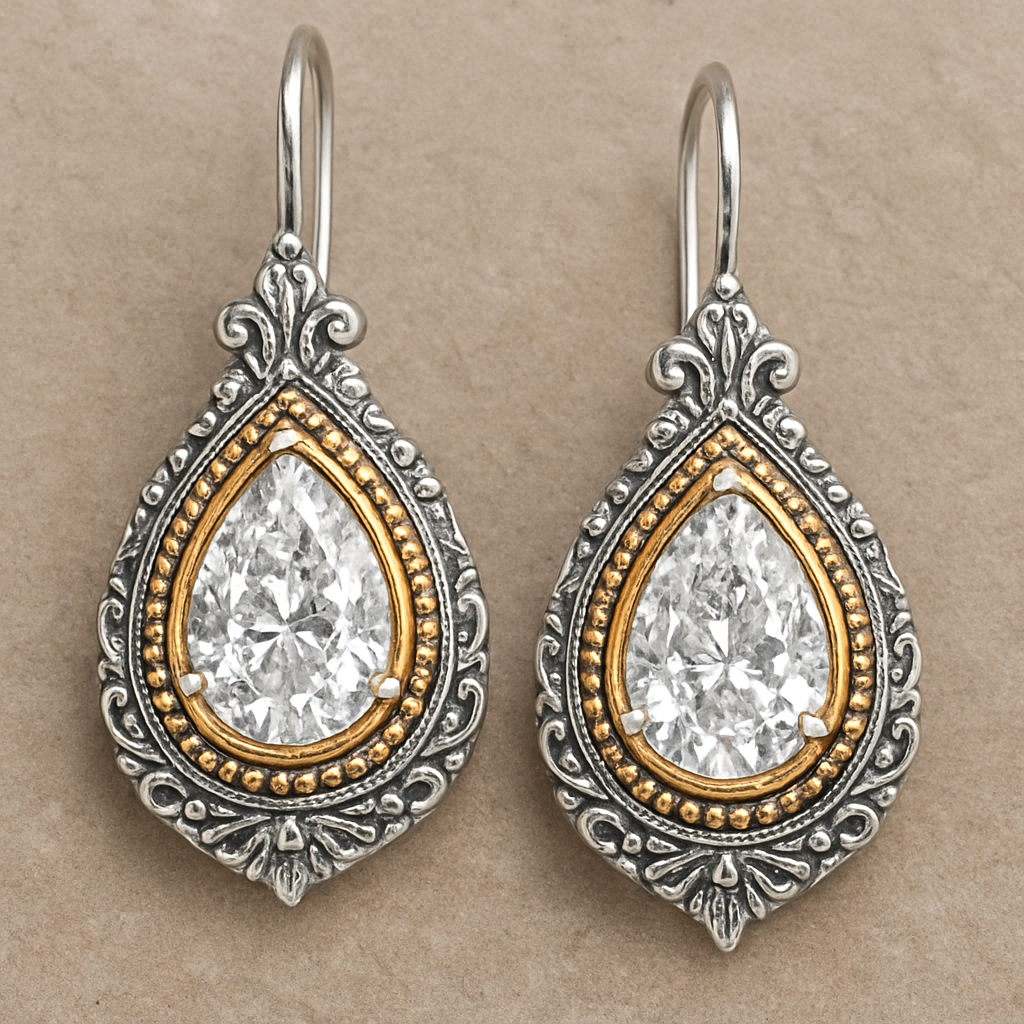 A pear shaped lab grown diamond eraings in white gold a gold borders 