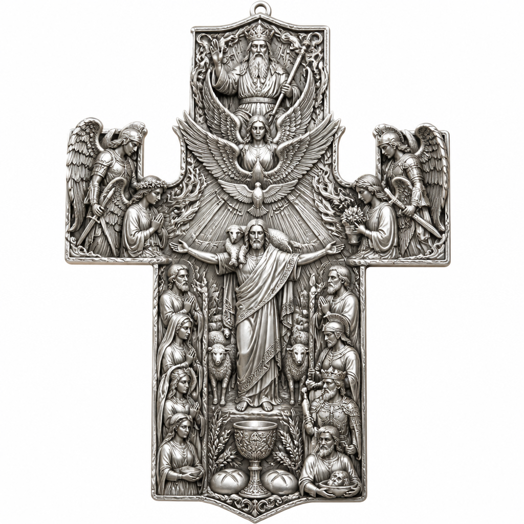 A sculptural women's pendant made of silver suitable for festival. An extraordinary excellent beautiful delicate and elegant, super modern Cross, without stones, without background only the Cross, with Jesus Christ as the Good Shepherd with a beautiful delicate and elegant face, with long hair, with a beautiful delicate elegant and fit body, with His hands wide open to receive all of us, with a beautiful delicate elegant and beautifully ornated tunic, with a beautiful delicate and elegant sheep on His shoulders, with a beautiful delicate and elegant flock of beautiful delicate and elegant sheep backward of Him. Over Jesus Christ and the flock to be placed the Holy Spirit as an Angel with a beautiful delicate and elegant face, with long hair, with big wings flying, with a beautiful delicate elegant and fit body, with a beautiful delicate elegant and beautifully ornated tunic under the Angel to be placed a beautiful delicate and elegant dove flying both of them the Angel and the dove to be surrounded by tongues of fire radiating light to Jesus Christ and the flock. Over the Holy Spirit to be placed God the Father with a beautiful delicate and elegant face, with long hair, with a beautiful delicate elegant and fit body, with a beautiful delicate and elegant tunic, with a beautiful delicate and elegant sceptre at His left hand blessing the world with His right hand, with a beautiful delicate elegant and beautifully ornated crown on His head. At the bottom of the Cross to be placed the Holy Communion with a beautiful delicate elegant and beautifully ornated chalice and two breads around the chalice. At the lower right side of the Cross to be stacked one by one Saint John the Baptist with a beautiful delicate elegant and beautifully ornated platter with his head on it. Over Saint John the Baptist to be placed Saint Constantine with a beautiful delicate and elegant face, with long hair, with a beautiful delicate and elegant crown on his head, with a beautiful delicate elegant and fit body, with a beautiful delicate and elegant armour holding a beautiful delicate elegant and beautifully ornated Cross. Over Saint Constantine to be placed Saint George with a beautiful delicate and elegant face, with long hair, with a beautiful delicate elegant and beautifully ornated helmet with a beautiful delicate elegant and fit body, with a beautiful delicate elegant and beautifully ornated armour, holding a beautiful delicate and elegant sword with his right hand at low position and near the floor giving respect to the Holy Trinity and Praying. Over Saint George to be placed Saint Peter the Apostle Praying. At the left lower side of the Cross to be placed stacked Saint Paraskevi with a beautiful delicate and elegant face, with long hair, with a beautiful delicate elegant and beautifully curved body, with a beautiful delicate elegant and beautifully ornated tunic holding a bowl with two eyes in it. Over Saint Paraskevi to be placed Saint Irene with a beautiful delicate and elegant face, with long hair, with a beautiful delicate elegant and beautifully ornated wreath on her head, with a beautiful delicate elegant and beautifully curved body, with a beautiful delicate elegant and beautifully ornated tunic Praying. Over Saint Irene to be placed Virgo Maria with a beautiful delicate and elegant face, with beautifully ornated long hair, with a beautiful delicate elegant and beautifully curved body, with a beautiful delicate elegant and beautifully ornated tunic Praying. Over Virgo Maria to be placed Saint Paul the Apostle Praying. At the right side of the Cross to be placed Saint Michael the Archangel with a beautiful delicate and elegant face, with long hair, with a beautiful delicate elegant and beautifully ornated helmet, with a beautiful delicate elegant and fit body, with big wings flying, with a beautiful delicate elegant and beautifully ornated armour, holding His beautiful delicate elegant and beautifully ornated sword low to the ground giving respect to the Holy Trinity and Praying. In front of Saint Michael the Archangel to be placed Saint Gabriel the Archangel with a beautiful delicate and elegant face, with long hair, with a beautiful delicate elegant and beautifully ornated helmet on His head, with a beautiful delicate elegant and fit body, with big wings flying, with a beautiful delicate elegant and beautifully ornated armour, holding a beautiful delicate elegant and beautifully ornated bucket of lilyes and Praying. At the left side of the Cross to be placed Saint Rafael the Archangel with a beautiful delicate and elegant face, with long hair, with a beautiful delicate elegant and beautifully ornated helmet, with a beautiful delicate elegant and fit body, with big wings flying, with a beautiful delicate elegant and beautifully ornated armour, holding a beautiful delicate elegant and beautifully ornated sword with his right hand low giving respect to the Holy Trinity and Praying. In front of Saint Rafael the Archangel to be placed the Guardian Angel with a beautiful delicate and elegant face, with long hair, with a beautiful delicate elegant and beautifully ornated with flowers wreath on His head, with a beautiful delicate elegant and fit body, with a beautiful delicate elegant and beautifully ornated tunic Praying. Make all the Angels, the Saints, God the Father, the Holy Spirit and Jesus Christ and the flock as statues.
photorealistic jewelry design, A sculptural women's pendant made of silver suitable for festival. An extraordinary excellent beautiful delicate and elegant, super modern Cross, without stones, without background only the Cross, with Jesus Christ as the Good Shepherd with a beautiful delicate and elegant face, with long hair, with a beautiful delicate elegant and fit body, with His hands wide open to receive all of us, with a beautiful delicate elegant and beautifully ornated tunic, with a beautiful delicate and elegant sheep on His shoulders, with a beautiful delicate and elegant flock of beautiful delicate and elegant sheep backward of Him. Over Jesus Christ and the flock to be placed the Holy Spirit as an Angel with a beautiful delicate and elegant face, with long hair, with big wings flying, with a beautiful delicate elegant and fit body, with a beautiful delicate elegant and beautifully ornated tunic under the Angel to be placed a beautiful delicate and elegant dove flying both of them the Angel and the dove to be surrounded by tongues of fire radiating light to Jesus Christ and the flock. Over the Holy Spirit to be placed God the Father with a beautiful delicate and elegant face, with long hair, with a beautiful delicate elegant and fit body, with a beautiful delicate and elegant tunic, with a beautiful delicate and elegant sceptre at His left hand blessing the world with His right hand, with a beautiful delicate elegant and beautifully ornated crown on His head. At the bottom of the Cross to be placed the Holy Communion with a beautiful delicate elegant and beautifully ornated chalice and two breads around the chalice. At the lower right side of the Cross to be stacked one by one Saint John the Baptist with a beautiful delicate elegant and beautifully ornated platter with his head on it. Over Saint John the Baptist to be placed Saint Constantine with a beautiful delicate and elegant face, with long hair, with a beautiful delicate and elegant crown on his head, with a beautiful delicate elegant and fit body, with a beautiful delicate and elegant armour holding a beautiful delicate elegant and beautifully ornated Cross. Over Saint Constantine to be placed Saint George with a beautiful delicate and elegant face, with long hair, with a beautiful delicate elegant and beautifully ornated helmet with a beautiful delicate elegant and fit body, with a beautiful delicate elegant and beautifully ornated armour, holding a beautiful delicate and elegant sword with his right hand at low position and near the floor giving respect to the Holy Trinity and Praying. Over Saint George to be placed Saint Peter the Apostle Praying. At the left lower side of the Cross to be placed stacked Saint Paraskevi with a beautiful delicate and elegant face, with long hair, with a beautiful delicate elegant and beautifully curved body, with a beautiful delicate elegant and beautifully ornated tunic holding a bowl with two eyes in it. Over Saint Paraskevi to be placed Saint Irene with a beautiful delicate and elegant face, with long hair, with a beautiful delicate elegant and beautifully ornated wreath on her head, with a beautiful delicate elegant and beautifully curved body, with a beautiful delicate elegant and beautifully ornated tunic Praying. Over Saint Irene to be placed Virgo Maria with a beautiful delicate and elegant face, with beautifully ornated long hair, with a beautiful delicate elegant and beautifully curved body, with a beautiful delicate elegant and beautifully ornated tunic Praying. Over Virgo Maria to be placed Saint Paul the Apostle Praying. At the right side of the Cross to be placed Saint Michael the Archangel with a beautiful delicate and elegant face, with long hair, with a beautiful delicate elegant and beautifully ornated helmet, with a beautiful delicate elegant and fit body, with big wings flying, with a beautiful delicate elegant and beautifully ornated armour, holding His beautiful delicate elegant and beautifully ornated sword low to the ground giving respect to the Holy Trinity and Praying. In front of Saint Michael the Archangel to be placed Saint Gabriel the Archangel with a beautiful delicate and elegant face, with long hair, with a beautiful delicate elegant and beautifully ornated helmet on His head, with a beautiful delicate elegant and fit body, with big wings flying, with a beautiful delicate elegant and beautifully ornated armour, holding a beautiful delicate elegant and beautifully ornated bucket of lilyes and Praying. At the left side of the Cross to be placed Saint Rafael the Archangel with a beautiful delicate and elegant face, with long hair, with a beautiful delicate elegant and beautifully ornated helmet, with a beautiful delicate elegant and fit body, with big wings flying, with a beautiful delicate elegant and beautifully ornated armour, holding a beautiful delicate elegant and beautifully ornated sword with his right hand low giving respect to the Holy Trinity and Praying. In front of Saint Rafael the Archangel to be placed the Guardian Angel with a beautiful delicate and elegant face, with long hair, with a beautiful delicate elegant and beautifully ornated with flowers wreath on His head, with a beautiful delicate elegant and fit body, with a beautiful delicate elegant and beautifully ornated tunic Praying. Make all the Angels, the Saints, God the Father, the Holy Spirit and Jesus Christ and the flock as statues., sculptural style, just the design no text