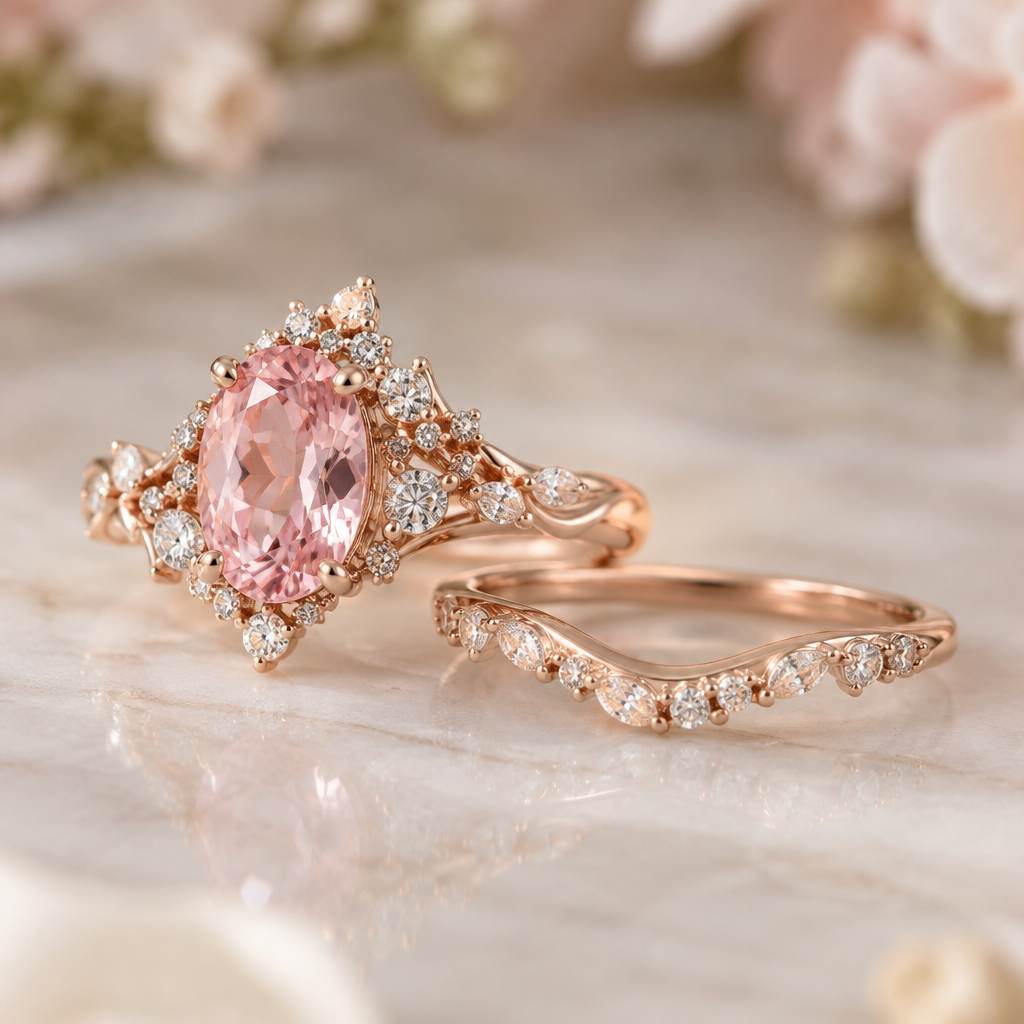 Two coordinating rings in rose-gold tone.
Main ring: Oval pink centre stone surrounded by small sparkling stones.
Setting: An asymmetrical arrangement of delicate stone clusters along the shoulders.
Matching band: A slim, curved band with scattered stones that complements the main ring.
Overall character: Delicate, romantic, slightly whimsical and elegant.
photorealistic jewelry design, Two coordinating rings in rose-gold tone.
Main ring: Oval pink centre stone surrounded by small sparkling stones.
Setting: An asymmetrical arrangement of delicate stone clusters along the shoulders.
Matching band: A slim, curved band with scattered stones that complements the main ring.
Overall character: Delicate, romantic, slightly whimsical and elegant., contemporary style, just the design no text