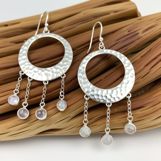 Серебряные серьги словно мятое сер ебро в форме полумесяца. Верхушка полумесяца крепится к застежке серьги.  От полумесяца идет три цепочки, у каждой на конце мелкий камушек лунный камень