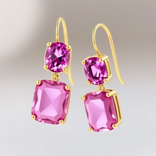Gemstones: Each earring showcases two faceted pink gemstones. The top stone is oval-shaped, while the bottom stone is larger and cushion-shaped, giving a graduated and balanced look. 	•	Metal: The stones are bezel-set in a warm yellow-gold finish, likely gold vermeil or gold-plated silver, adding a rich and luxurious contrast to the raw gems. 	•	Style: The earrings use a hook-wire (fishhook) ear fitting, which offers a classic, secure, and comfortable wear. 	•	Design Aesthetic: The style is refined and feminine, blending simplicity with a touch of bold color, suitable for both formal occasions and elegant daywear.