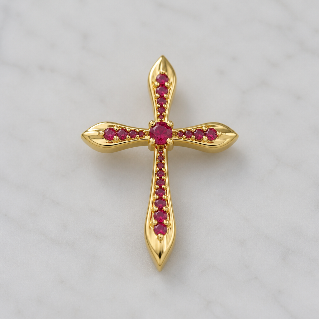 Dainty and feminine Gold cross with rubies, majority gold . Hidden bail
photorealistic jewelry design, Dainty and feminine Gold cross with rubies, majority gold . Hidden bail, contemporary style, just the design no text