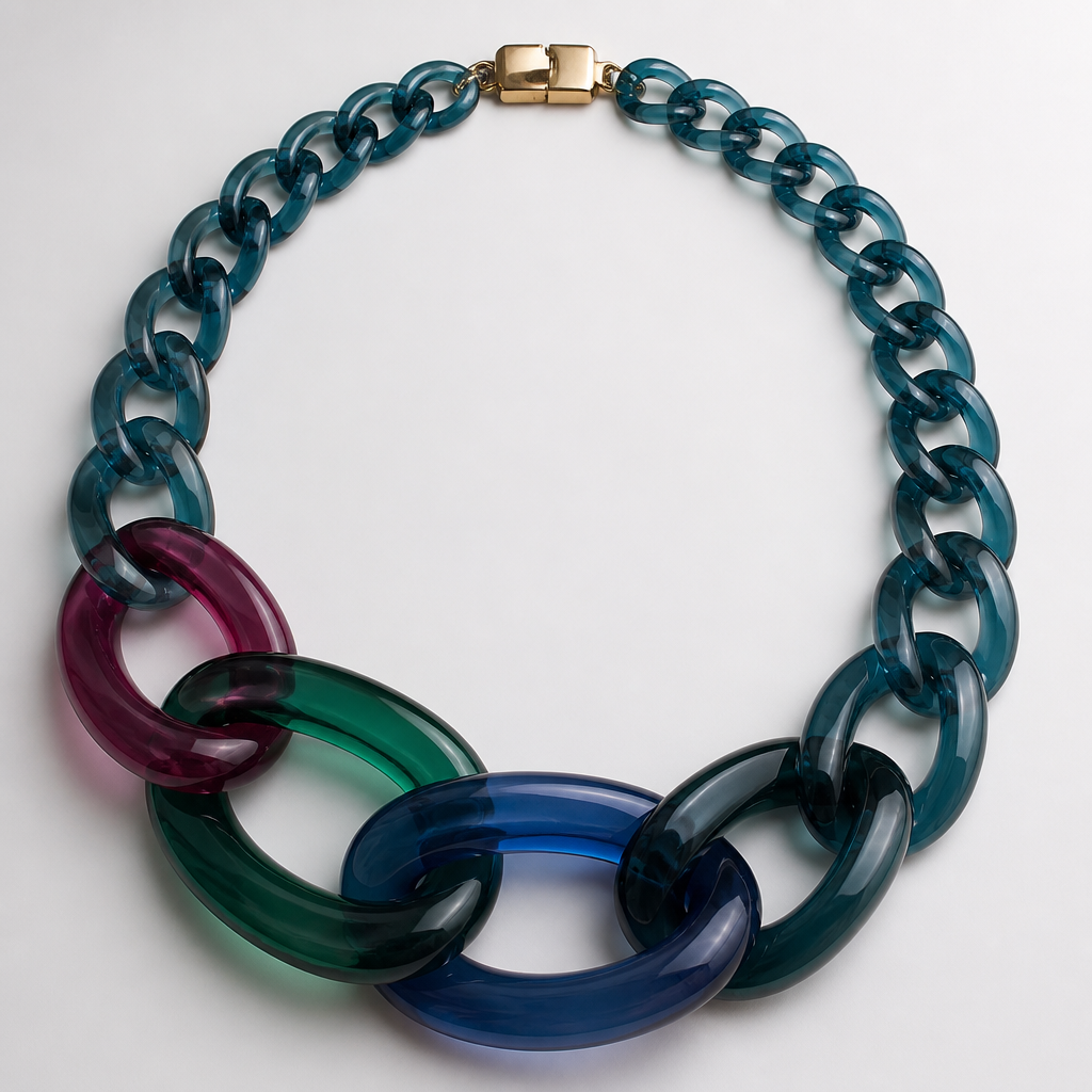 A women's necklace. create a chunky Cuban links style plastic necklace that is graduated and exaggerated in the first three links of translucent colors of jeweltone colors
photorealistic jewelry design, A women's necklace. create a chunky Cuban links style plastic necklace that is graduated and exaggerated in the first three links of translucent colors of jeweltone colors, modern style, just the design no text