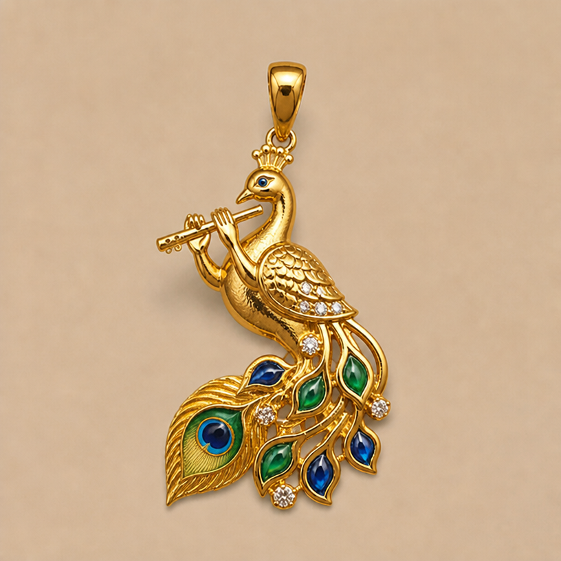 Peacock feather + flute
edit the attached jewelry design with these instructions: Peacock feather + flute. keep it photorealistic, just the design no text