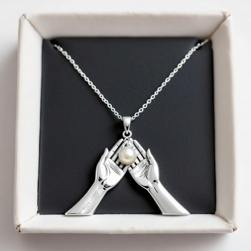 Украшение на шею серебряная цепочка с подвеской в виде двух ладоней которые держат жемчужину по центру