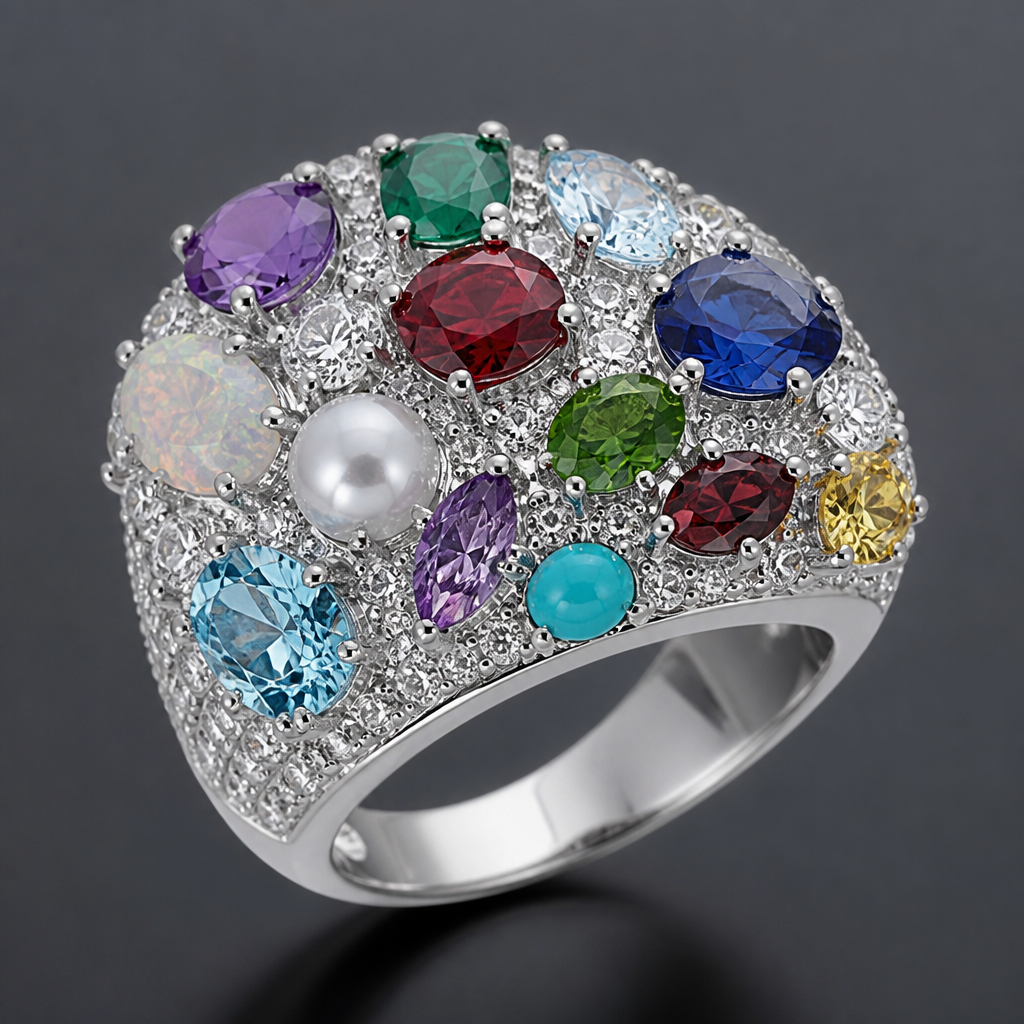 A women's ring made of silver with diamond and ruby and sapphire and opal and amethyst and pearl and emerald and garnet and aquamarine and turquoise and topaz stones. **Pavé:** Tiny diamonds set closely together, creating a continuous sparkle that enhances the center 𝕤𝕥𝕠𝕟𝕖
photorealistic jewelry design, A women's ring made of silver with diamond and ruby and sapphire and opal and amethyst and pearl and emerald and garnet and aquamarine and turquoise and topaz stones. **Pavé:** Tiny diamonds set closely together, creating a continuous sparkle that enhances the center 𝕤𝕥𝕠𝕟𝕖, modern style, just the design no text