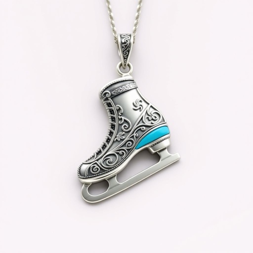 Silver Pendant shape one ice skate with turquoise stripe inside the low thin part blade