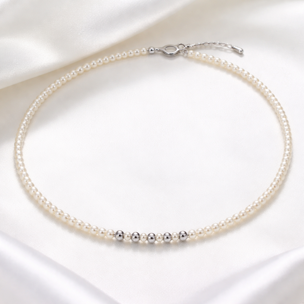 3-3.5mm天然淡水小米珠珍珠頸鏈40cm長配6mm龍蝦扣 頸鏈中間間5粒銀波