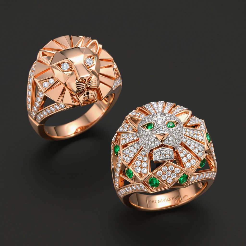 Earrings set of Lion king edges Geometric lion ring of rose gold and white goldGeomatricw lion of architecture shape and edge of diamonds and emerlad of rose gold 