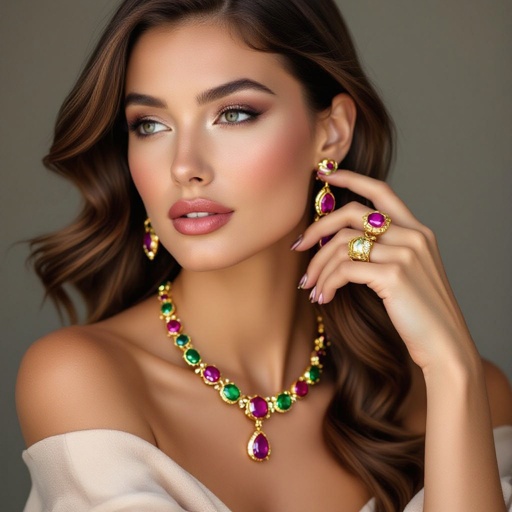 Necklace and ring and earring with luxury colorful jewel with gold