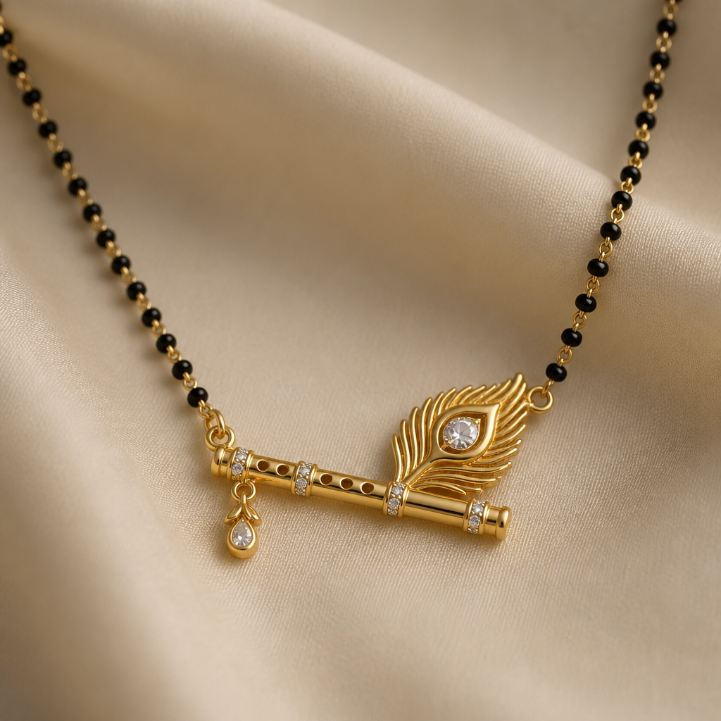 Gen Z necklace, mangalsutra with gold n tiny black beads . The pendant should be flute n peacock feather with gold n diamond.
photorealistic jewelry design, Gen Z necklace, mangalsutra with gold n tiny black beads . The pendant should be flute n peacock feather with gold n diamond., just the design no text
