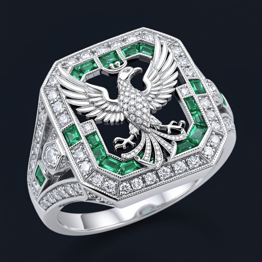 Neclace of geomatric male sign phoenix printed on it for women Design a luxurious platinum signet ring that embodies the elegance of Art Deco style, featuring a striking phoenix rendered in intricate geometric patterns. Emphasize bold lines and symmetry, with contrasting finishes for depth. Adorn the ring with brilliant-cut diamonds and emeralds, capturing the spirit of rebirth and timeless sophistication.