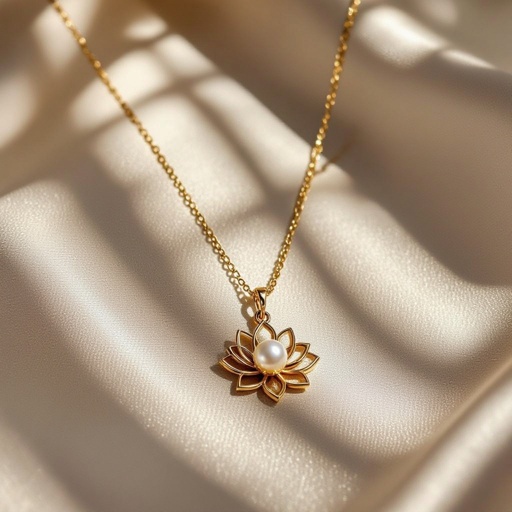Украшение на шею золотая цепочка с подвеской в виде цветка лотоса с жемчугом по центру
