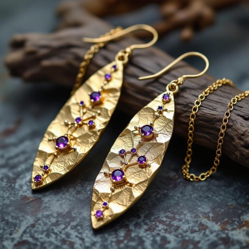 Серьги длинные на цепочках матовое золото мятое. Символ схематично созвездие. Маленькие фиолетовые камушки