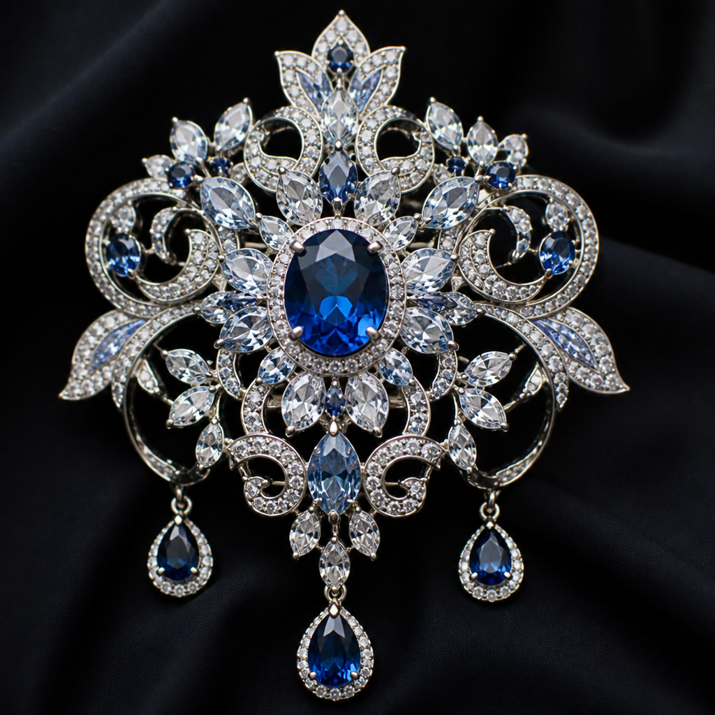 A royal women's brooch made of white gold with sapphire and topaz stones suitable for gift, detailed and decorative, moderately ornate
photorealistic jewelry design, A royal women's brooch made of white gold with sapphire and topaz stones suitable for gift, detailed and decorative, moderately ornate, royal style, just the design no text