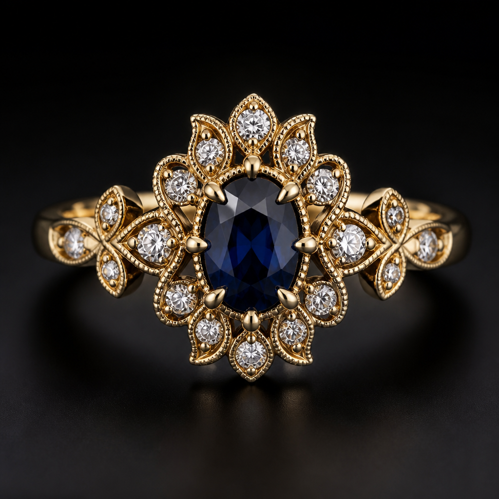 Floral edwardian sapphire and diamond ring in yellow gold
photorealistic jewelry design, Floral edwardian sapphire and diamond ring in yellow gold, gothic style, just the design no text