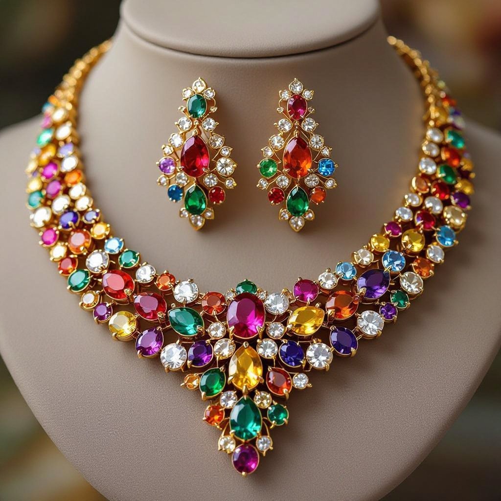 Necklace and ring and earring with luxury colorful jewel with gold