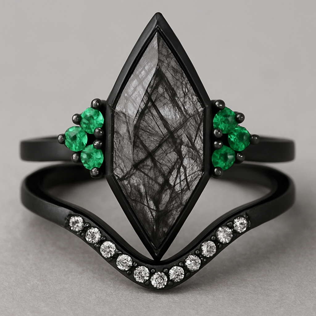 Black band, long kite cut rutilated black quartz, emerald accent stones 3 on each side in a cluster, add a wedding band that curves around the main stone with black and white stones