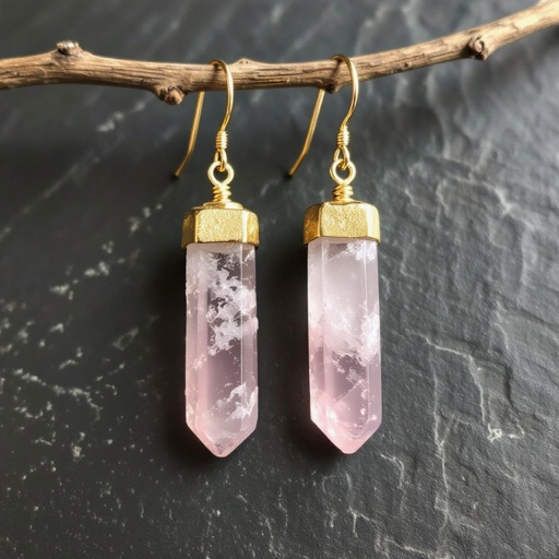Серьги матовое золото с эффектом неровности Необработанный бледно розовый кварц в виде длинного кристалла